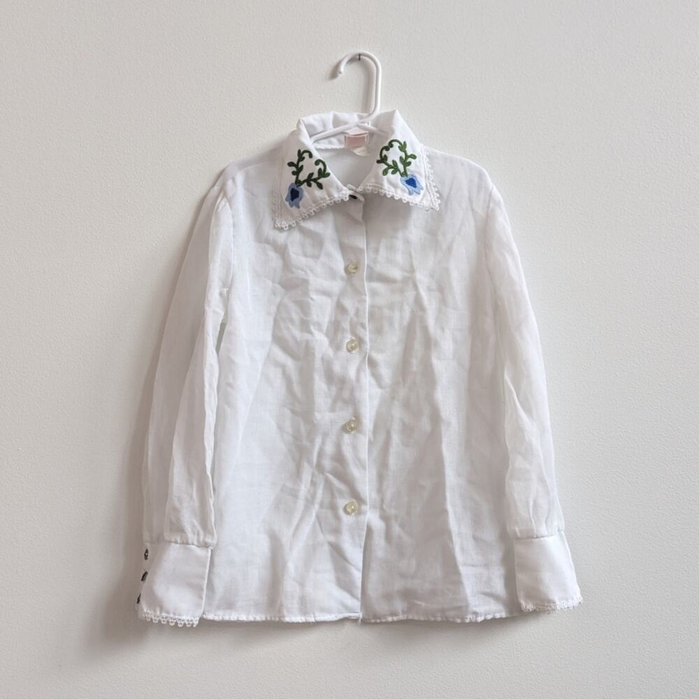 Vtg Ruth of Carolina Blouse 8-9 White Semi Sheer Embroidered Collar Under